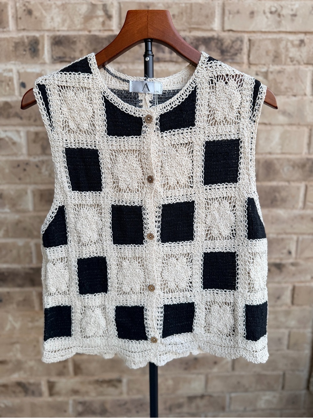 Crochet Square-Block Button Front Vest - Cream and Black Sezane vibe NWT L/XL